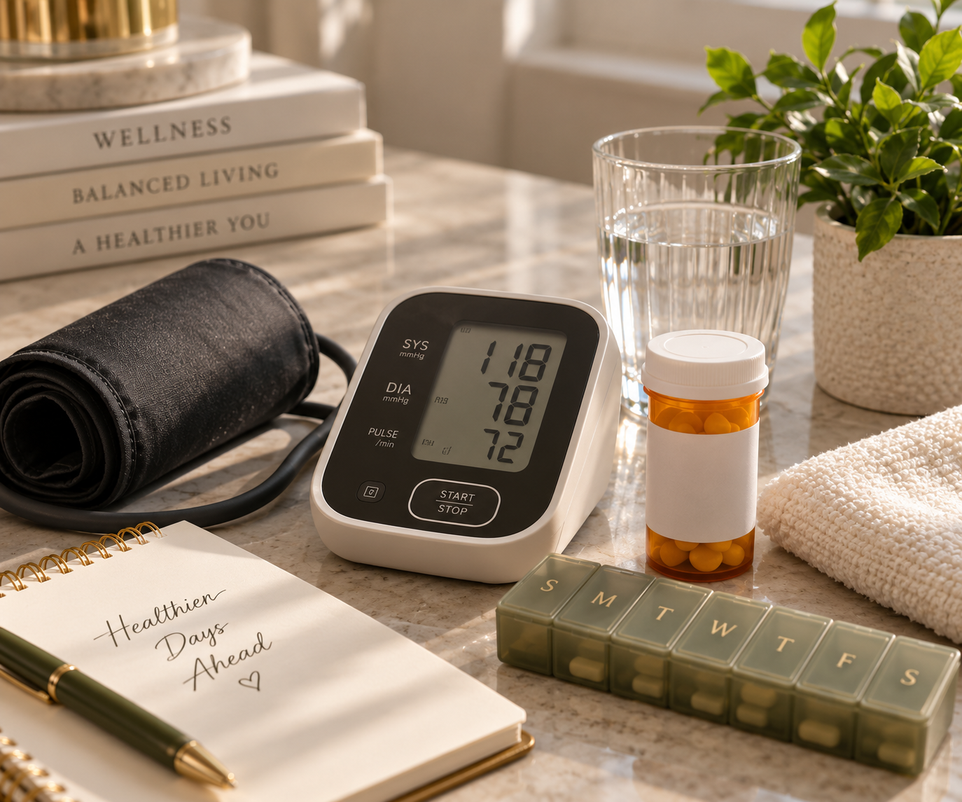 Blood pressure monitor and medication representing chronic condition management