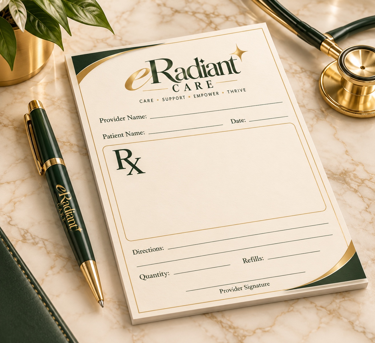 eRadiant Care prescription pad in cream, forest green, and gold with a coordinating pen