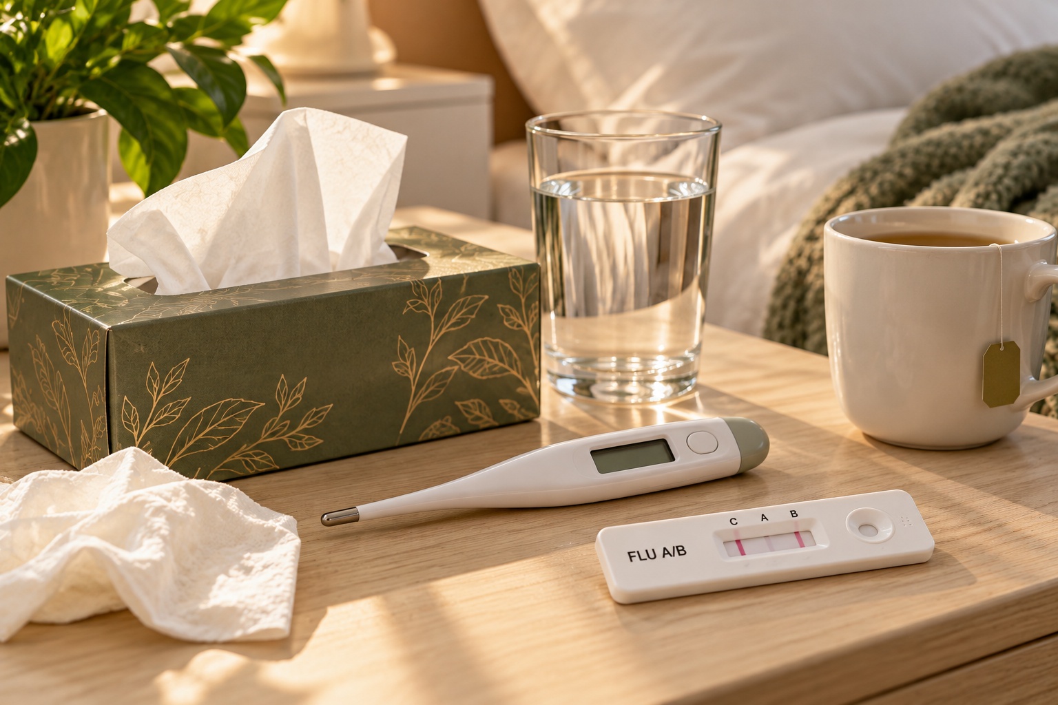 Digital thermometer, tissues, and a rapid flu A/B test arranged on a bedside table, representing acute sick visits