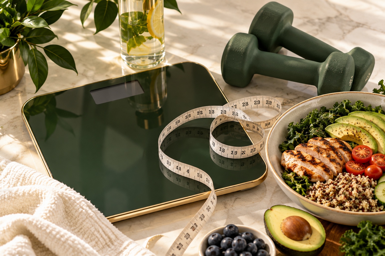 Bathroom scale, measuring tape, fresh healthy food, and hand weights representing weight management
