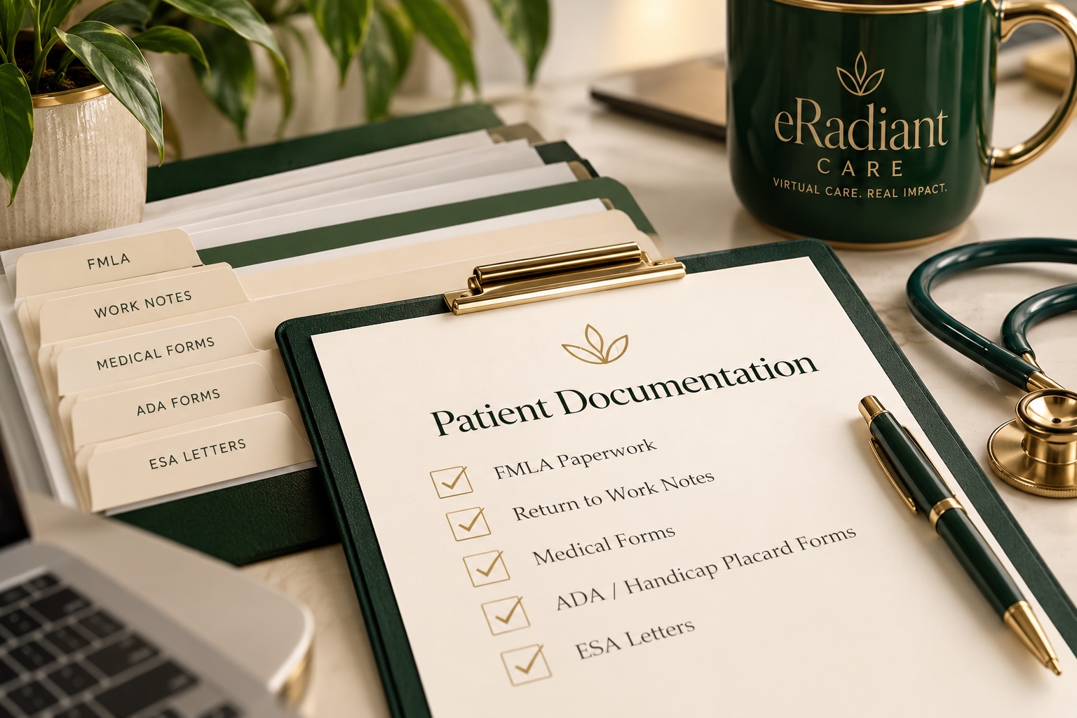 eRadiant Care patient documentation paperwork on a forest-green clipboard with a gold pen